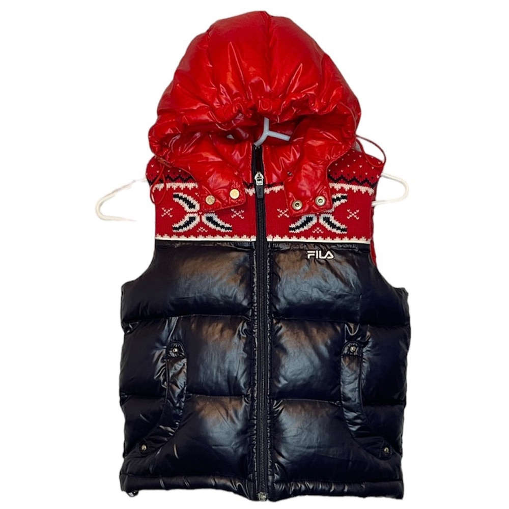 Fila Fair Isle Red Blue Puffer Vest Removable Hood Unisex Girls Boys Size 5